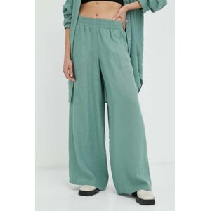 Plátěné kalhoty Drykorn zelená barva, široké, high waist