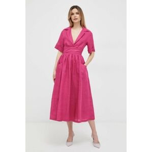 Plátěné šaty Bardot růžová barva, midi