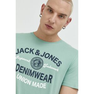 Bavlněné tričko Jack & Jones JJELOGO tyrkysová barva, s potiskem, 12220500