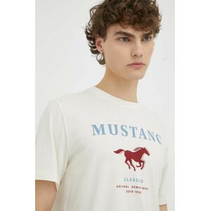 Bavlněné tričko Mustang béžová barva, s potiskem