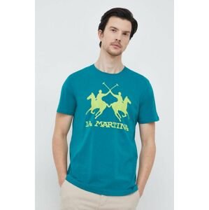 Bavlněné tričko La Martina zelená barva, s potiskem