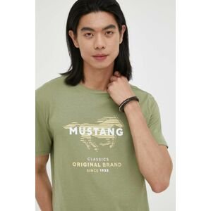 Bavlněné tričko Mustang zelená barva, s potiskem