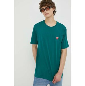 Bavlněné tričko Wrangler zelená barva, s potiskem