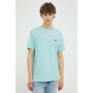 Bavlněné tričko Wrangler tyrkysová barva, s potiskem