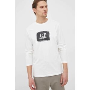 Bavlněné tričko s dlouhým rukávem C.P. Company bílá barva, s potiskem