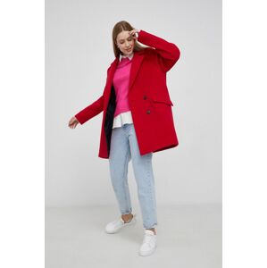 Vlněný kabát Tommy Hilfiger červená barva, přechodný, dvouřadový