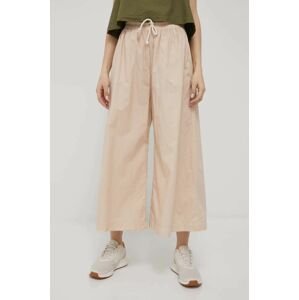 Bavlněné kalhoty Deha dámské, béžová barva, široké, high waist