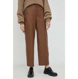 Kožené kalhoty Gestuz dámské, hnědá barva, jednoduché, high waist