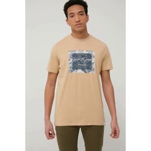 Bavlněné tričko Premium by Jack&Jones béžová barva, s potiskem