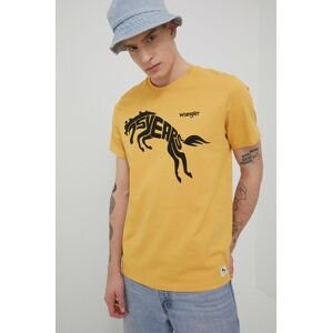 Bavlněné tričko Wrangler žlutá barva, s potiskem